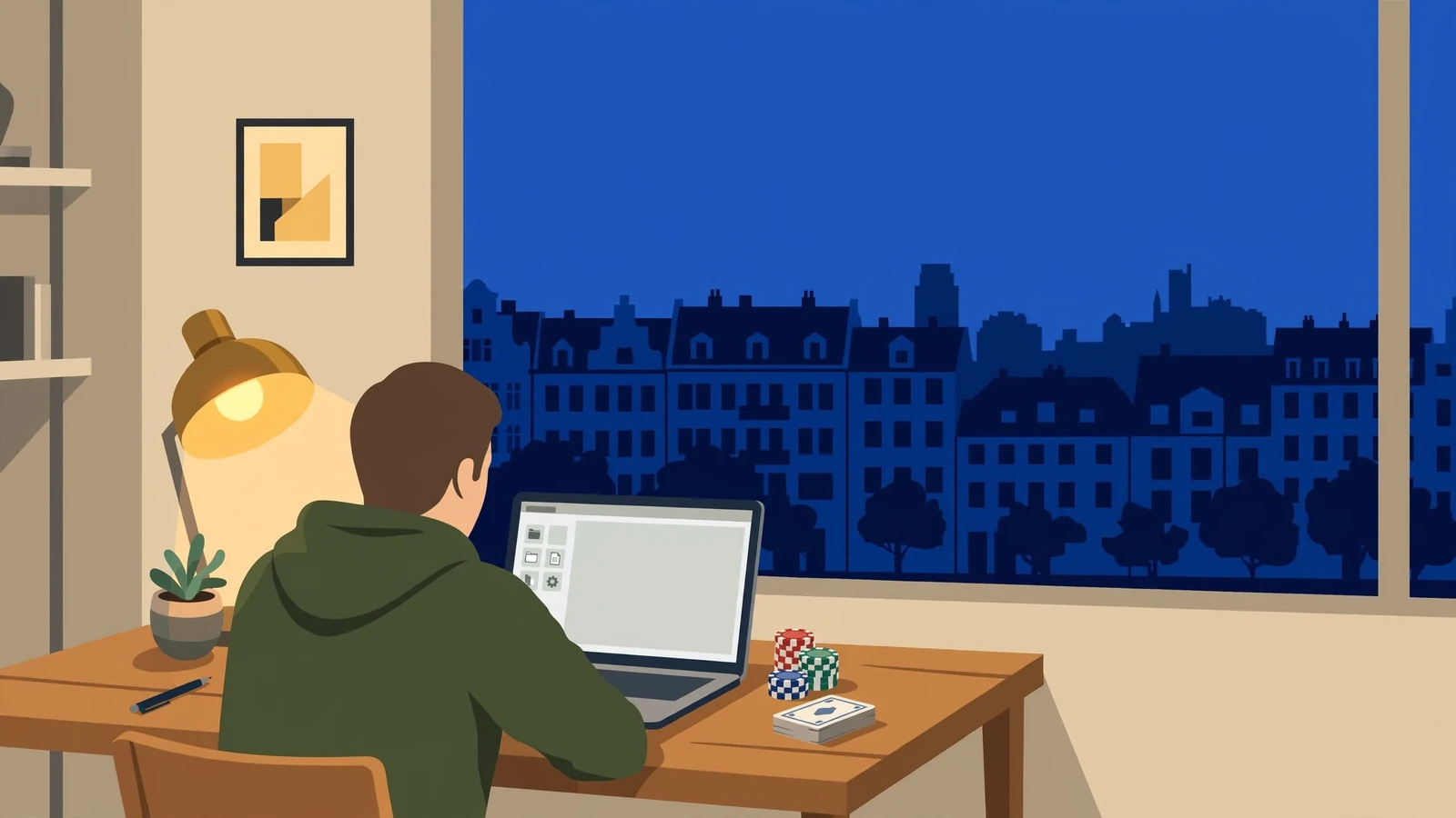 Abendlicher Blick in eine moderne deutsche Wohnung mit Casino-Chips und Karten auf dem Schreibtisch.