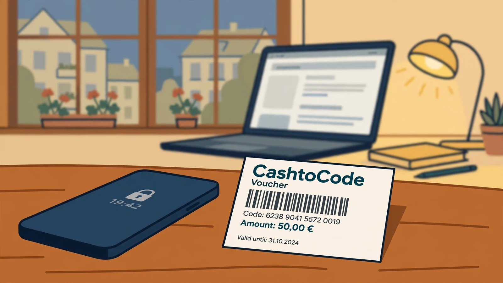 Smartphone und CashtoCode-Gutschein auf einem Tisch beim Online-Casino-Einzahlen.
