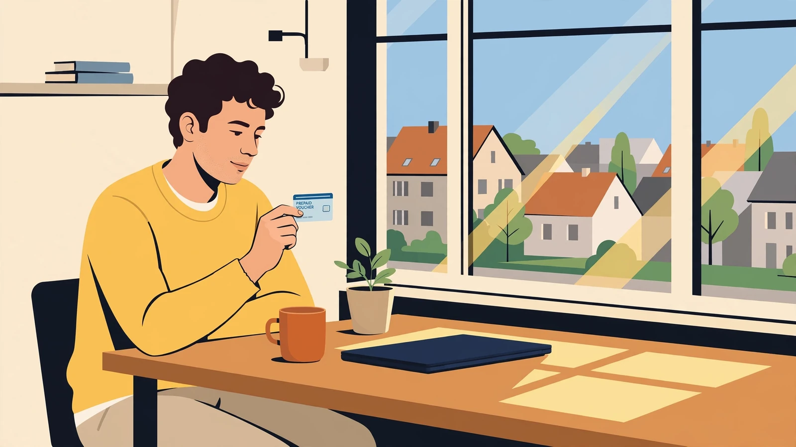 Person mit Prepaid-Gutschein am Schreibtisch in moderner deutscher Wohnung