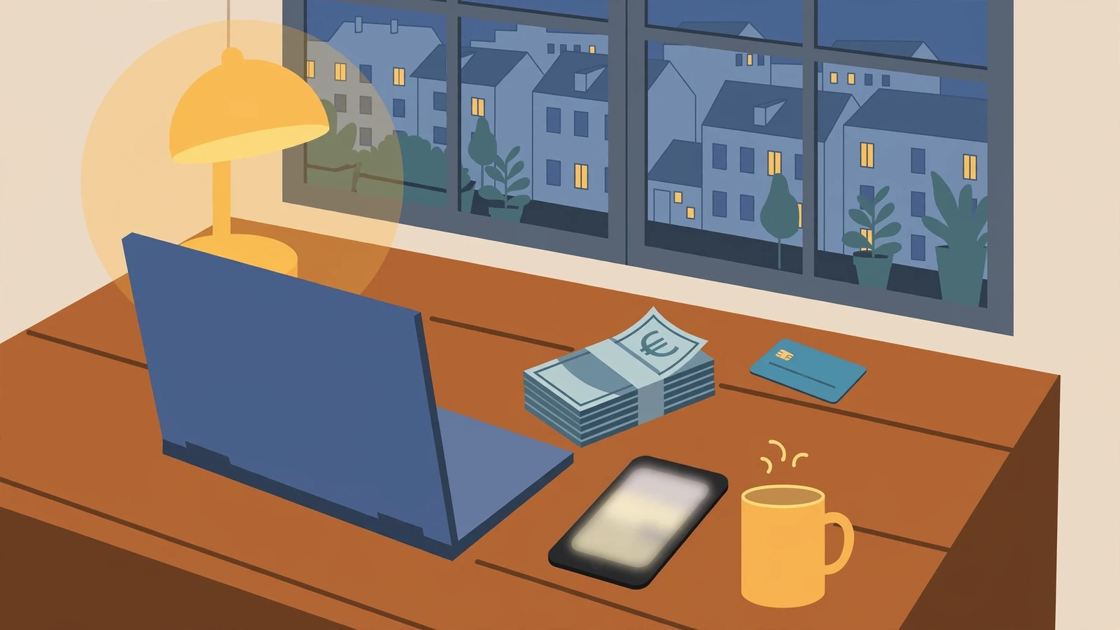 Abendlicher Schreibtisch mit Laptop, Euro-Banknoten und Smartphone in deutscher Wohnung