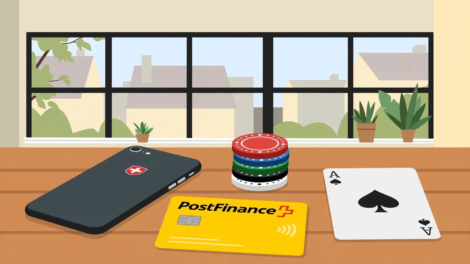 Smartphone, Casino-Chips und PostFinance-Karte auf einem Schreibtisch