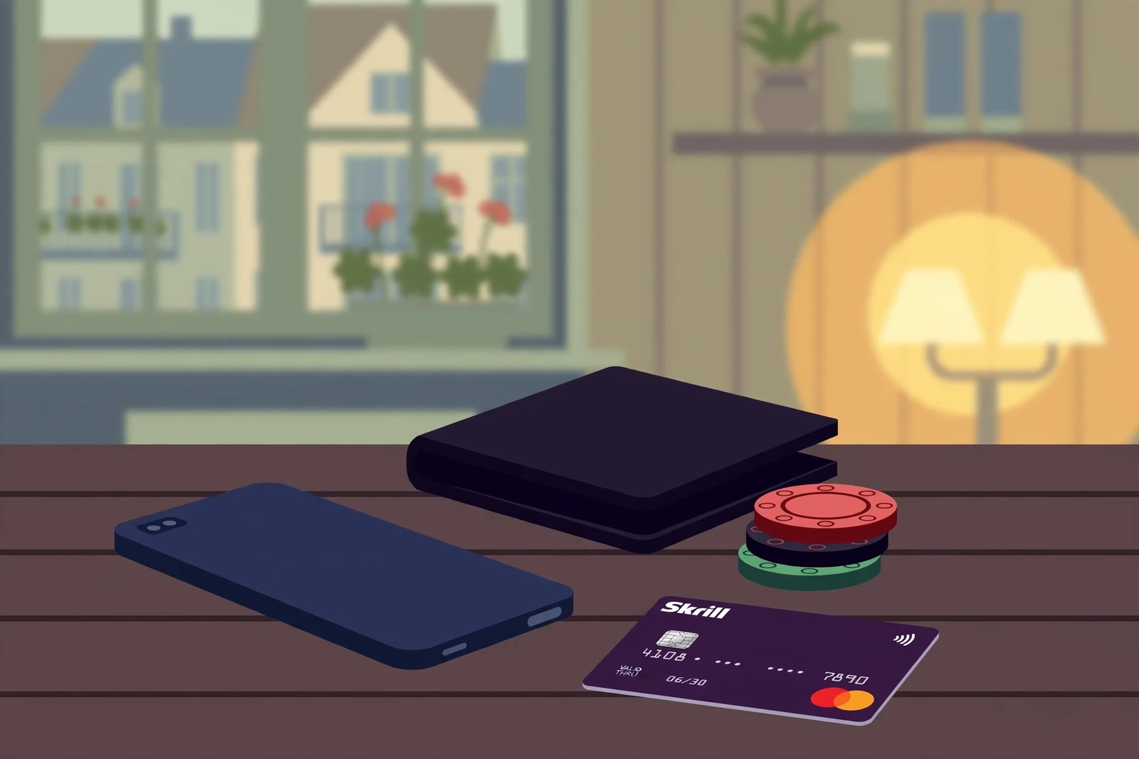 Smartphone mit Skrill-Karte und Casino-Chips auf einem Tisch