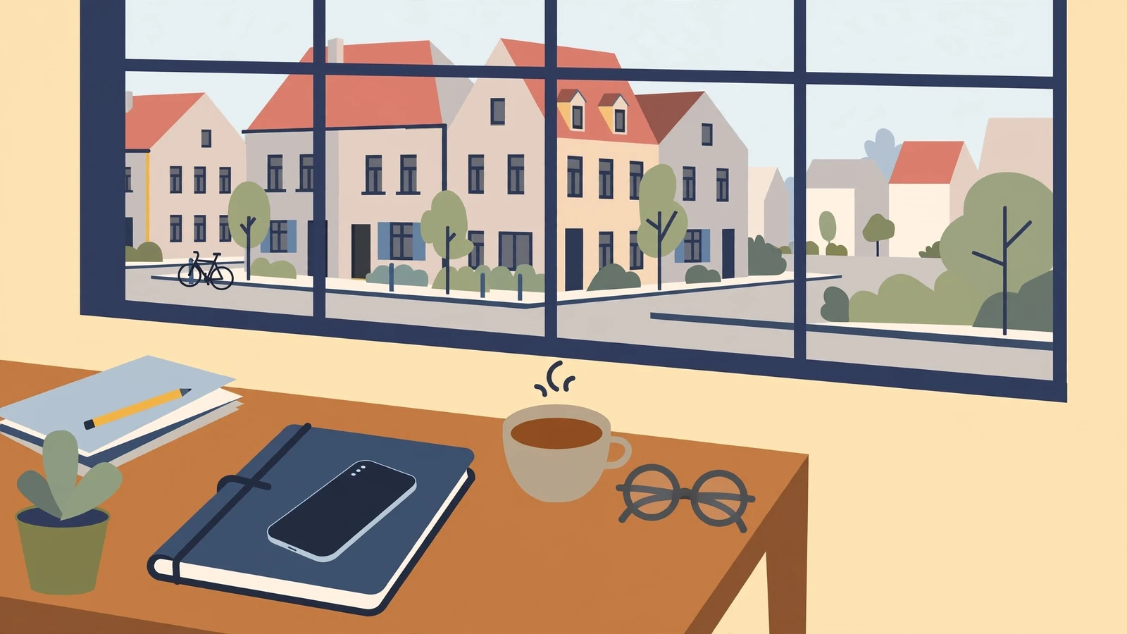 Schreibtisch mit Smartphone, Notizbuch und Kaffeetasse in einem deutschen Homeoffice