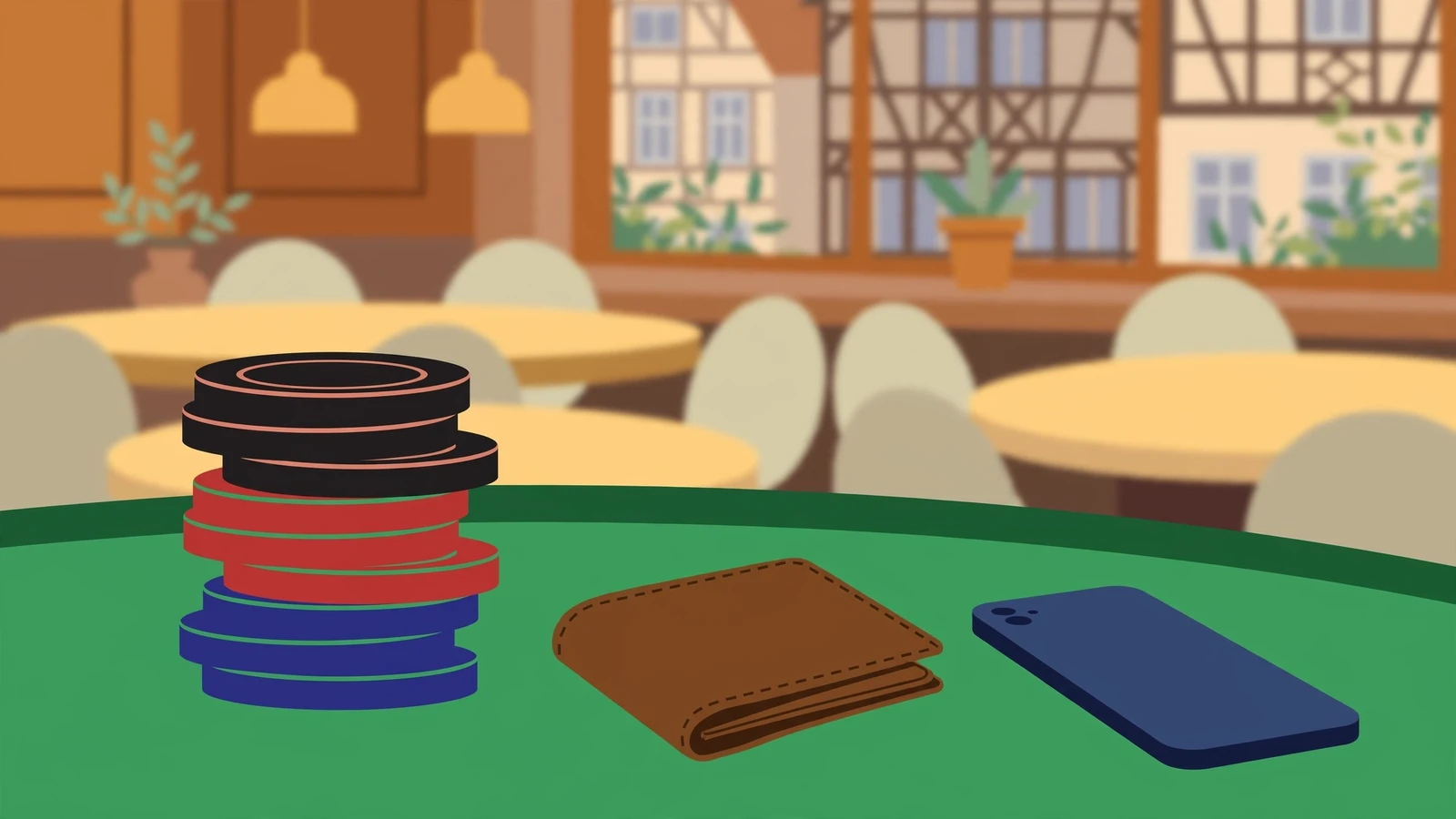 Casino-Chips auf grünem Filztisch neben Smartphone und Geldbörse im Casino