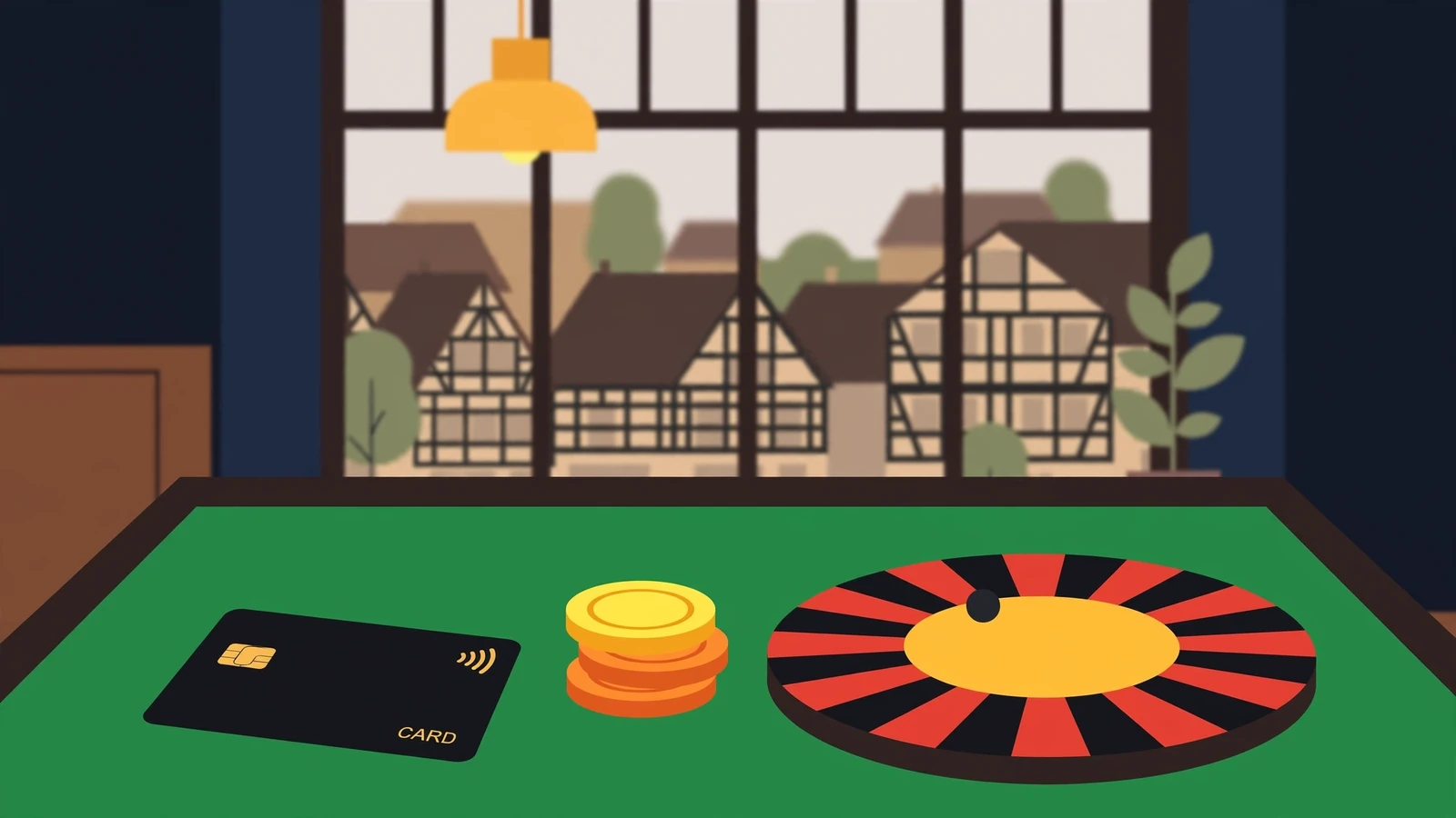 Schwarze Kreditkarte auf grünem Spieltisch mit Casino-Chips und Roulette-Rad in eleganter Lounge