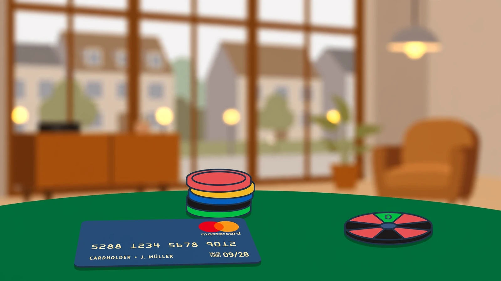 Mastercard-Kreditkarte auf Spieltisch mit Jetons und Roulette