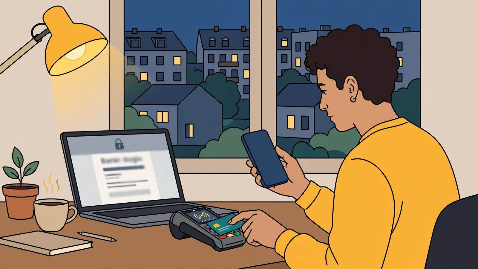 Kontaktloses Bezahlen mit Smartphone und Karte am Schreibtisch in Berlin.