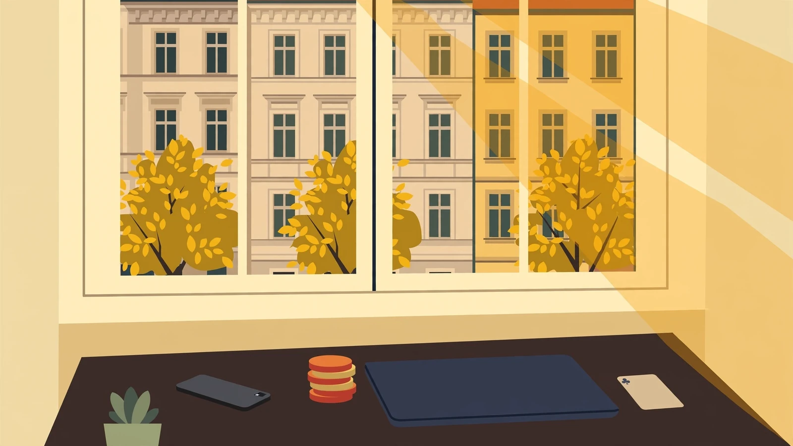 Helle Berliner Altbauwohnung, Schreibtisch mit geschlossenem Laptop, Spielchips und Spielkarte am Fenster