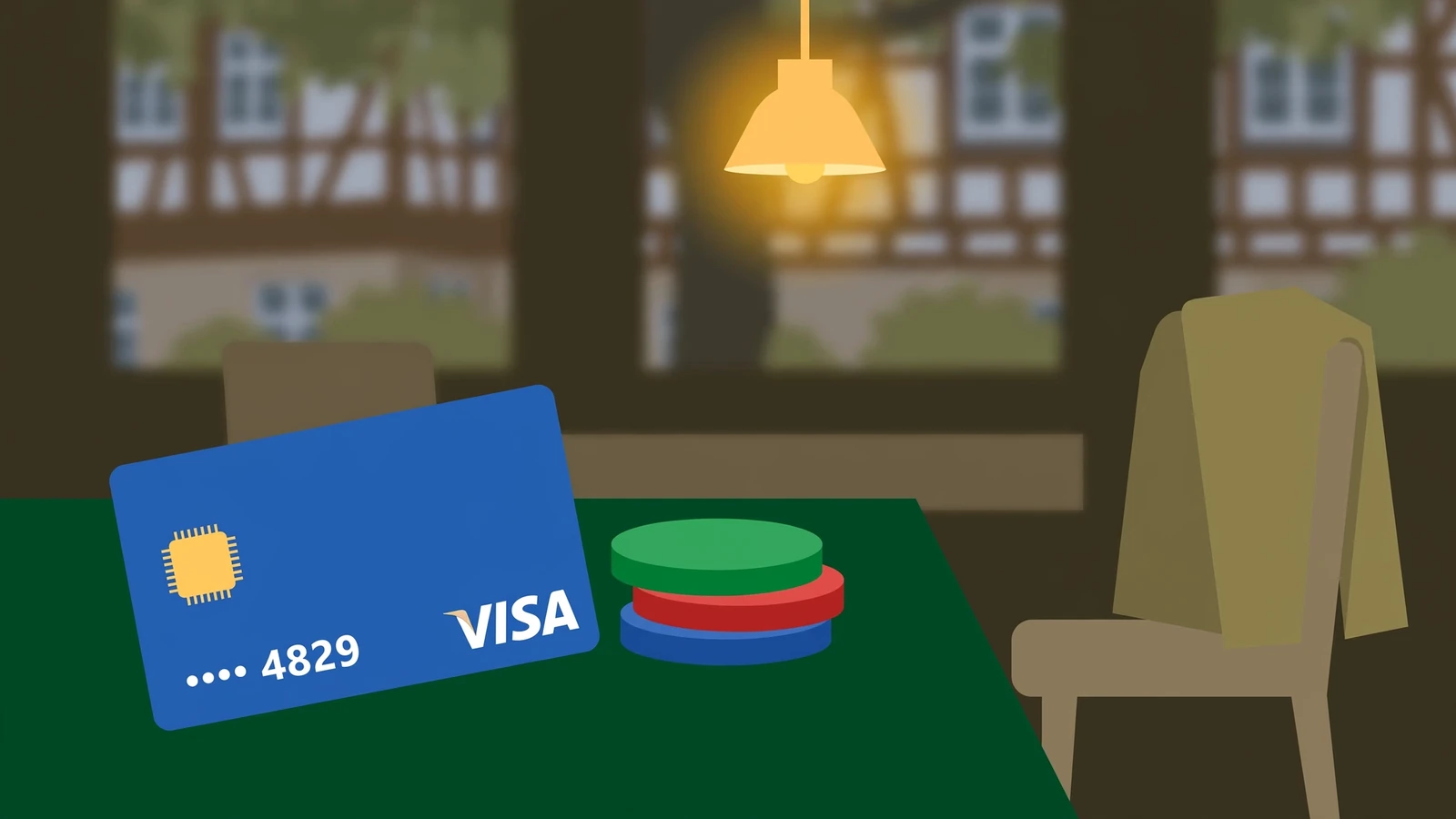 Visa-Karte und Casino-Chips auf grünem Filz