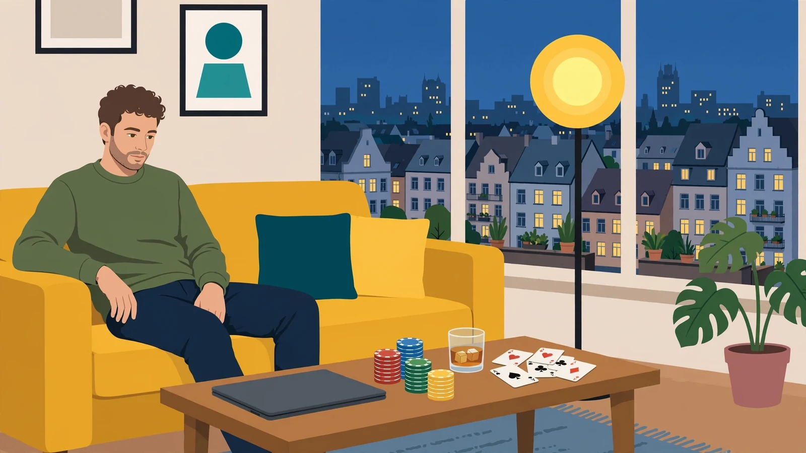 Person auf Sofa mit Laptop und Pokerchips in deutscher Wohnung am Abend