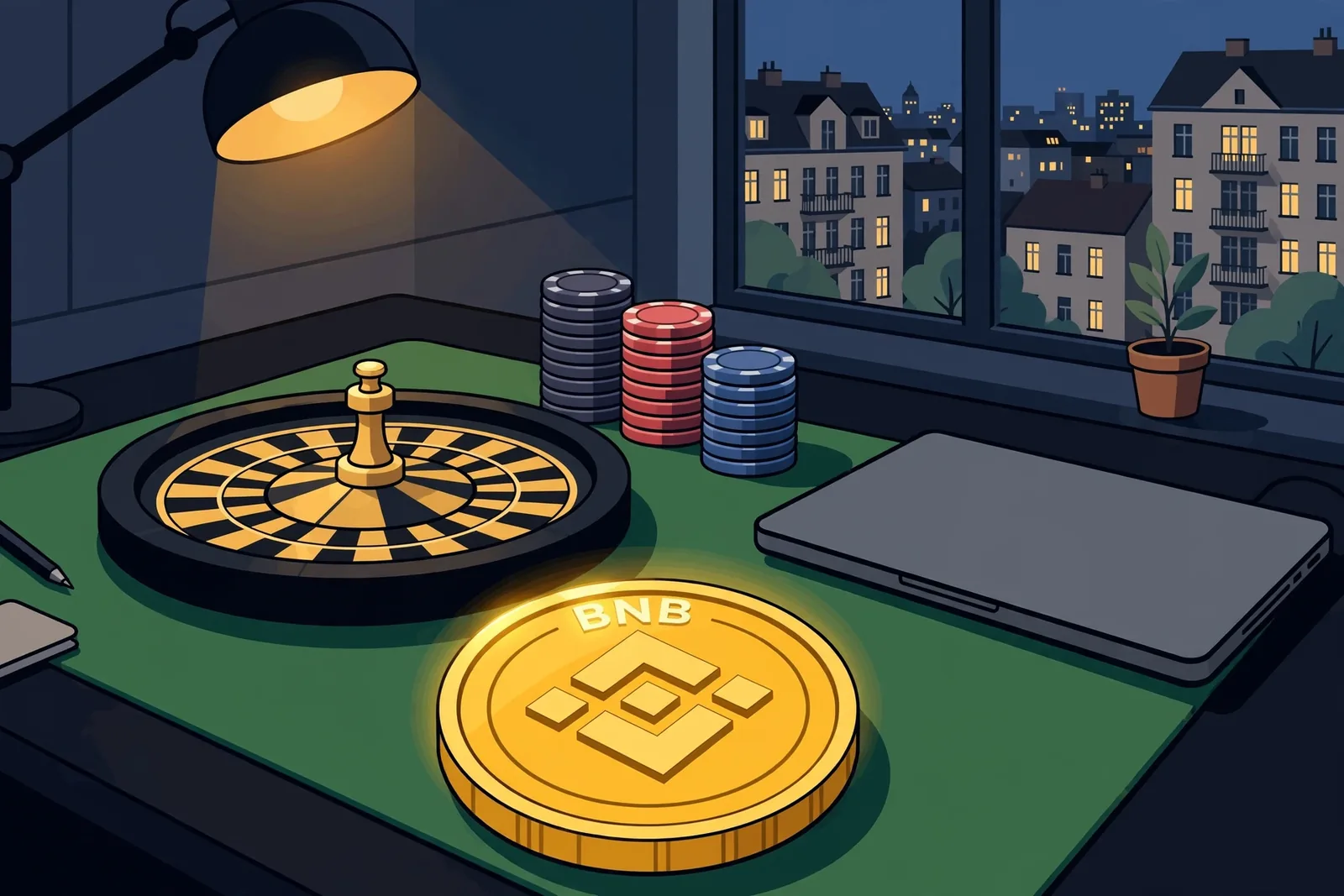 Casino-Chips und Roulettekessel mit Binance-Coin auf einem Spieltisch