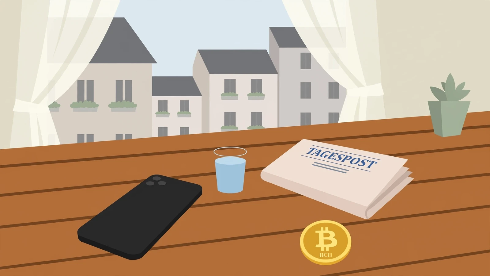 Schreibtisch mit Smartphone und Bitcoin-Cash-Münze in modernem Wohnzimmer