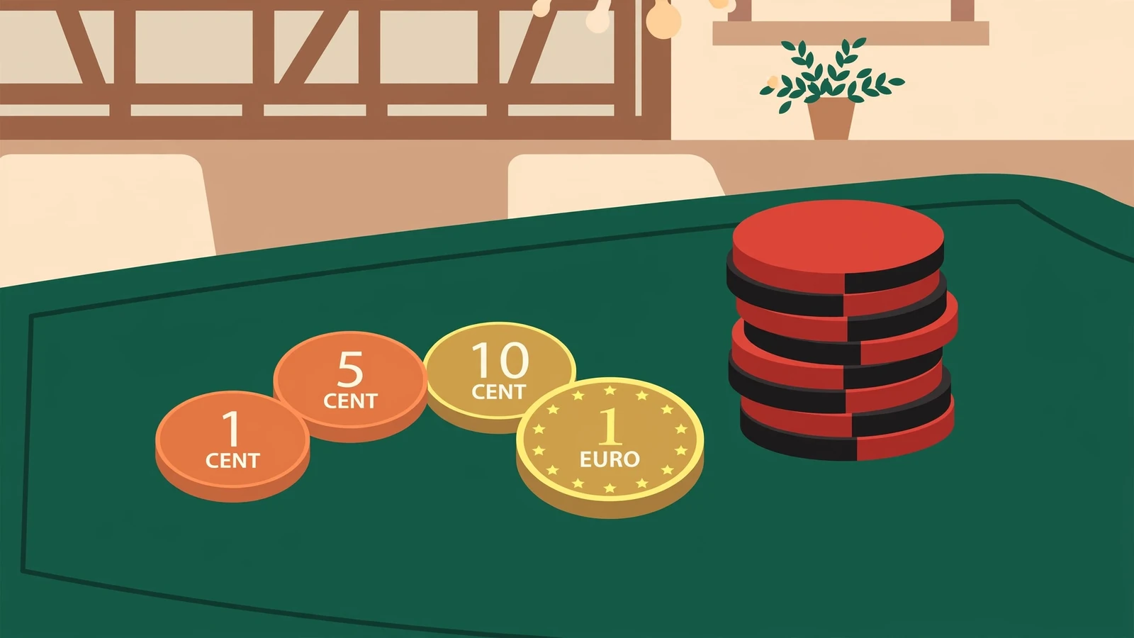 Euro-Münzen von 1 Cent bis 1 Euro neben Spielchips auf grünem Filz.