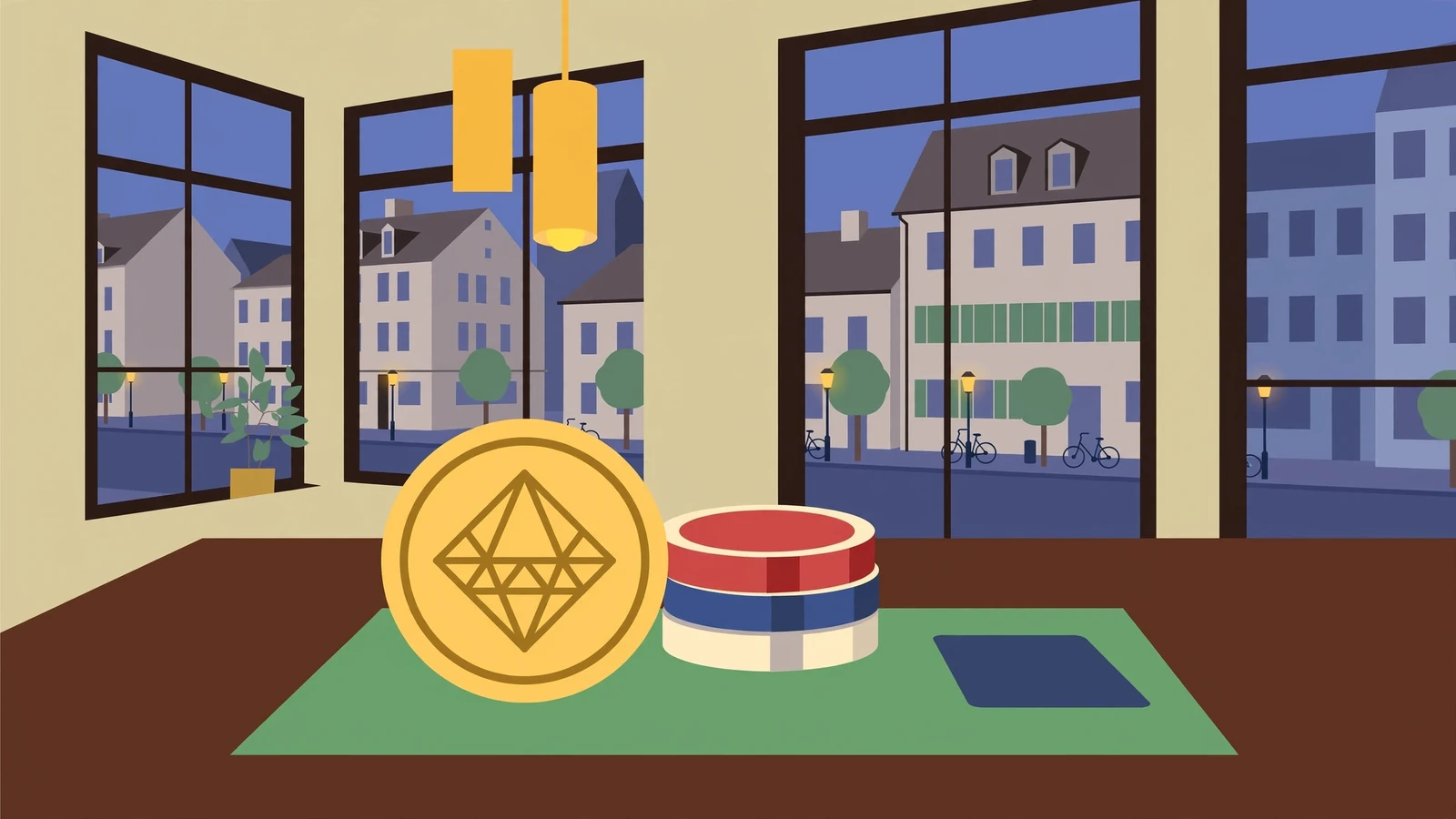 Goldfarbene Kryptomünze auf grünem Spieltisch mit Pokerchips in moderner Münchner Wohnung