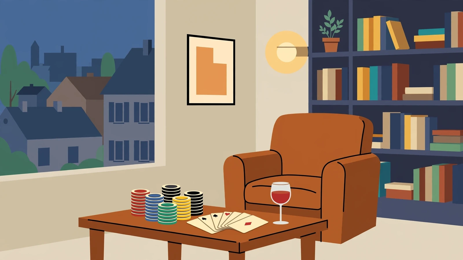 Modernes deutsches Wohnzimmer mit Casino-Chips, Spielkarten und Weinglas auf dem Couchtisch