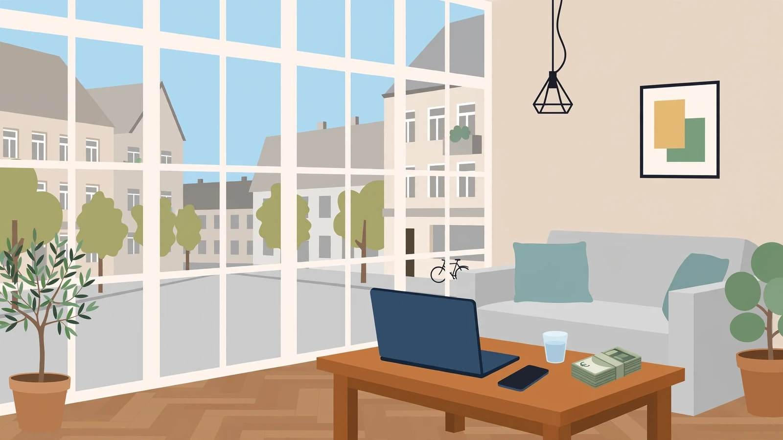 Modernes deutsches Wohnzimmer mit Laptop, Smartphone und Euro-Banknoten auf einem Tisch.