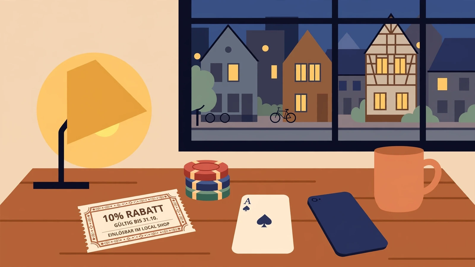 Ein Gutschein auf einem Schreibtisch mit Casino-Chips, Spielkarte und warmem Lampenlicht.