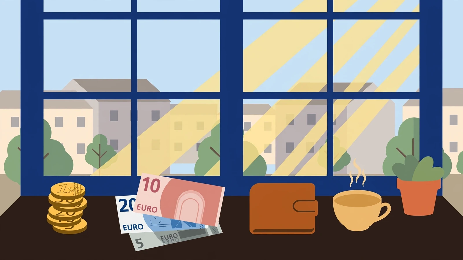 Kleine Stapel Euro-Münzen und Geldscheine auf einem Holztisch am Fenster.