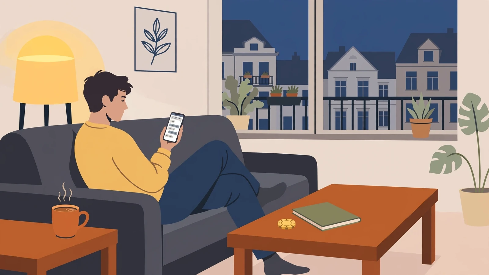 Gemütliches deutsches Wohnzimmer abends mit Person, Smartphone und einem Casino-Jeton auf dem Tisch.