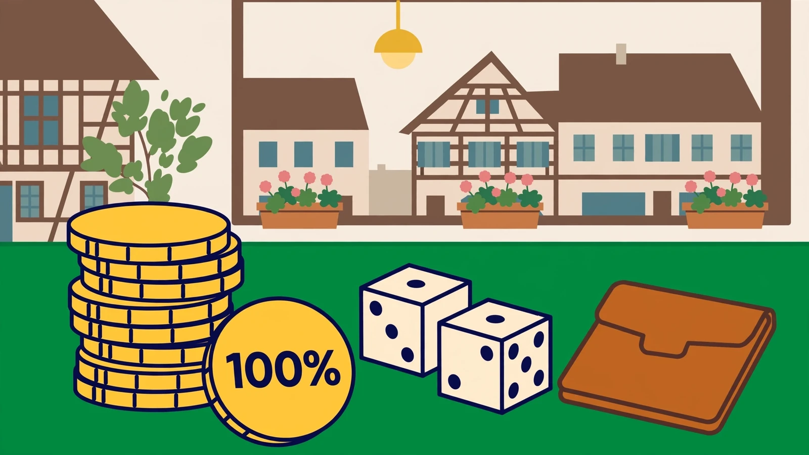 Goldene Casino-Chips mit 100%-Symbol auf grünem Filztisch