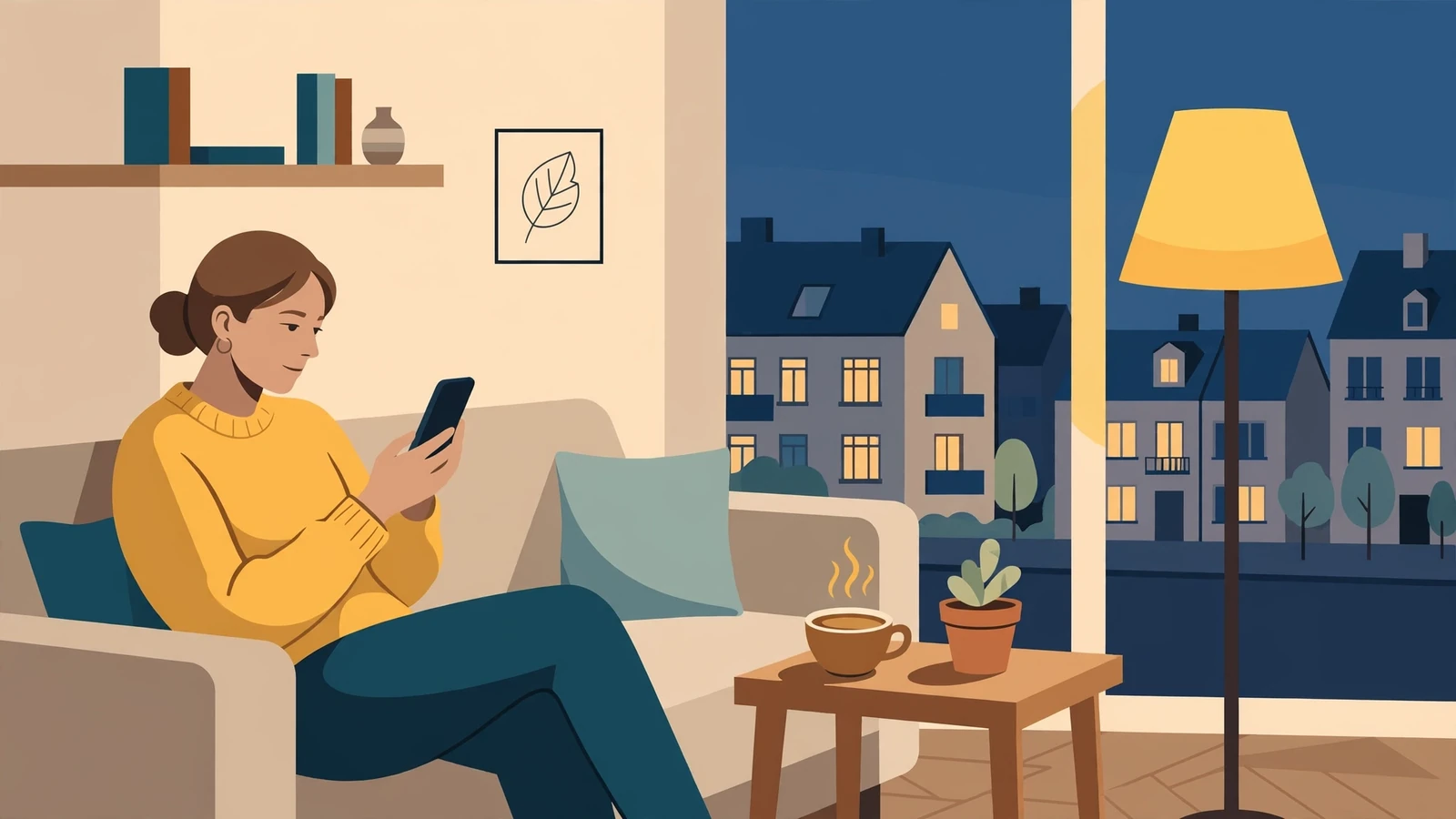 Gemütliches Wohnzimmer in Deutschland mit Person und Smartphone bei Abendlicht