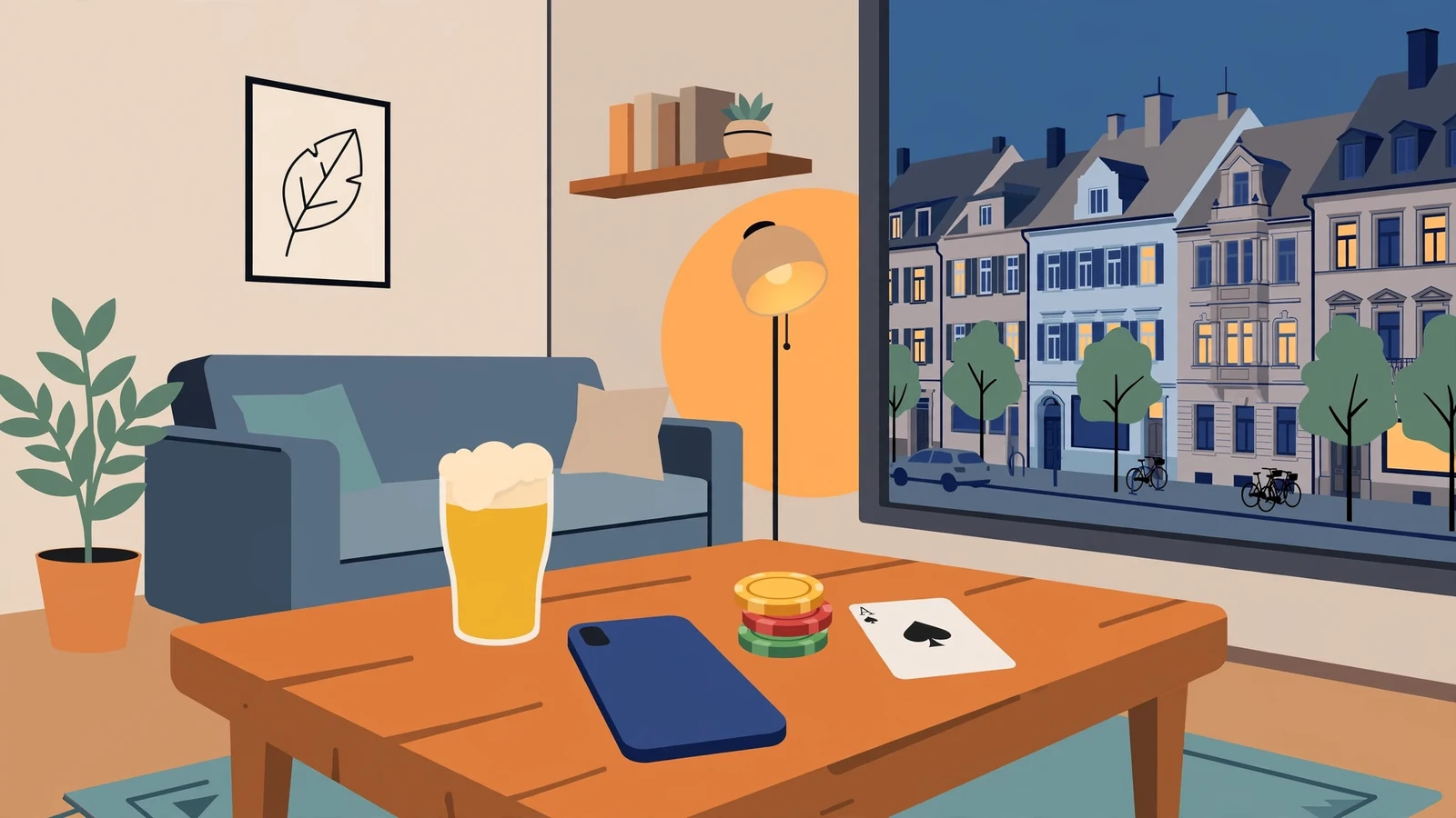 Deutsches Wohnzimmer mit Smartphone, Pokerchips und Bierglas auf dem Tisch