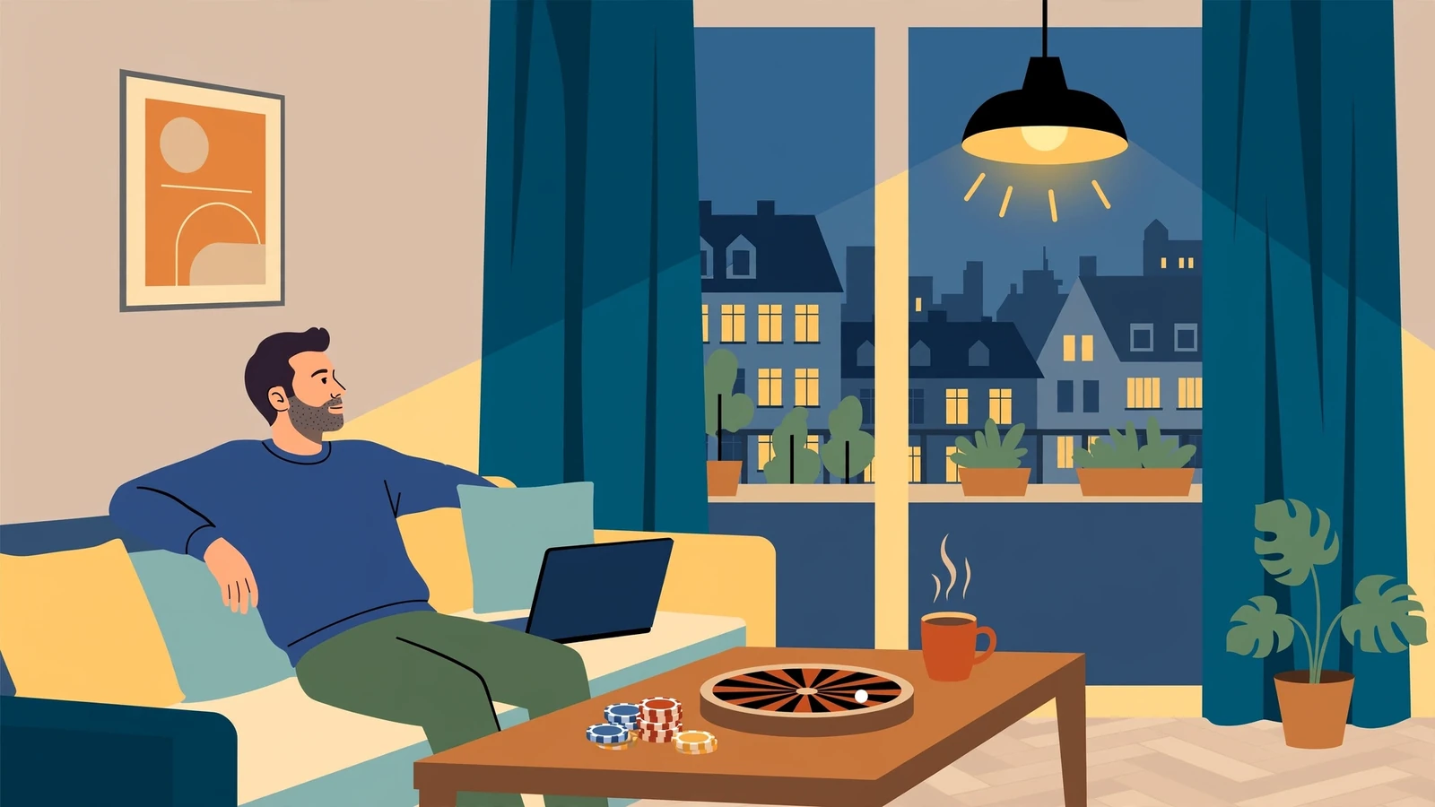 Abendliche Szene im deutschen Wohnzimmer mit Casino-Chips und Roulette auf dem Tisch.