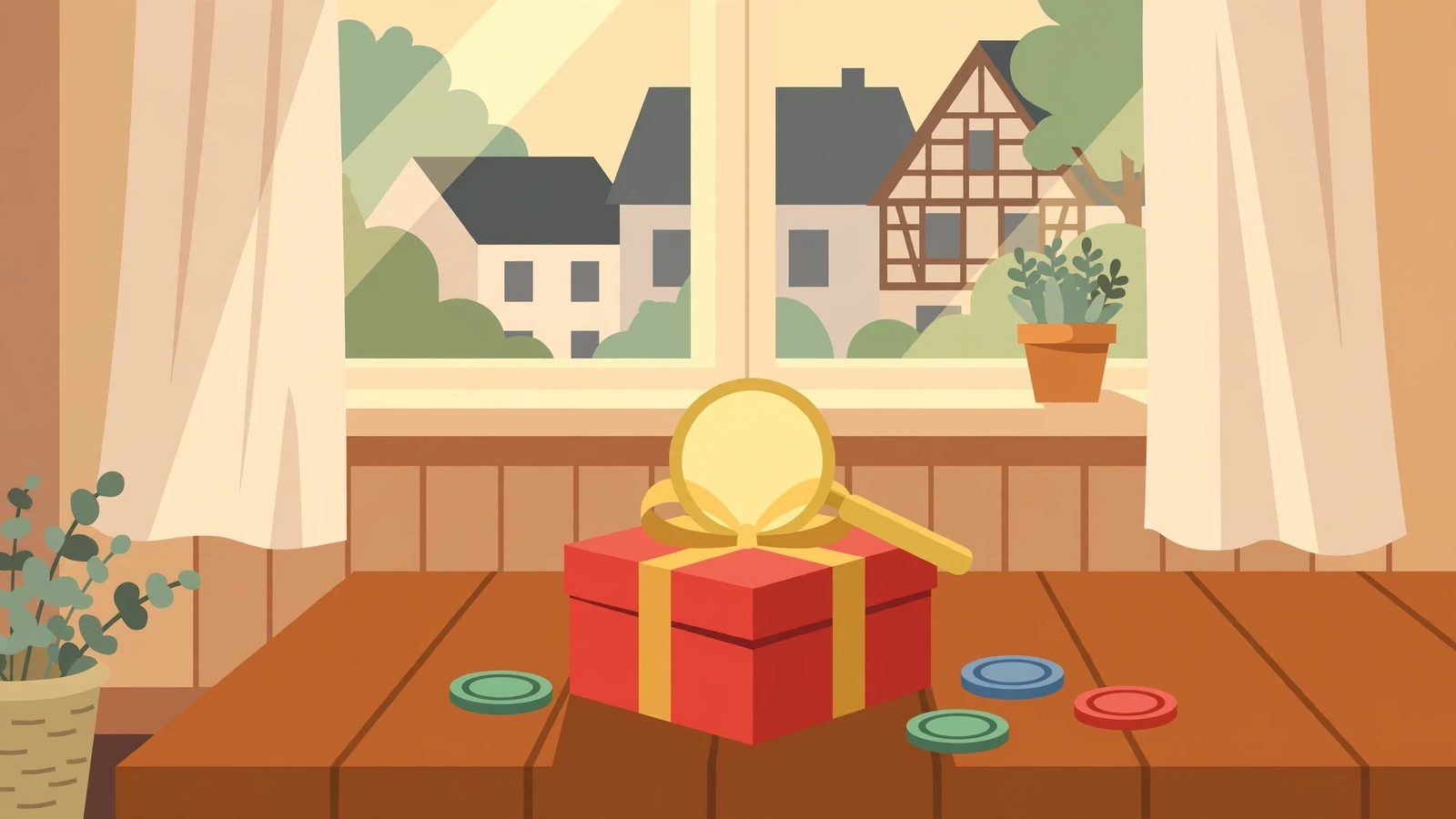 Rotes Geschenk mit Casino-Chips und Lupe auf einem Holztisch in einem deutschen Wohnzimmer.