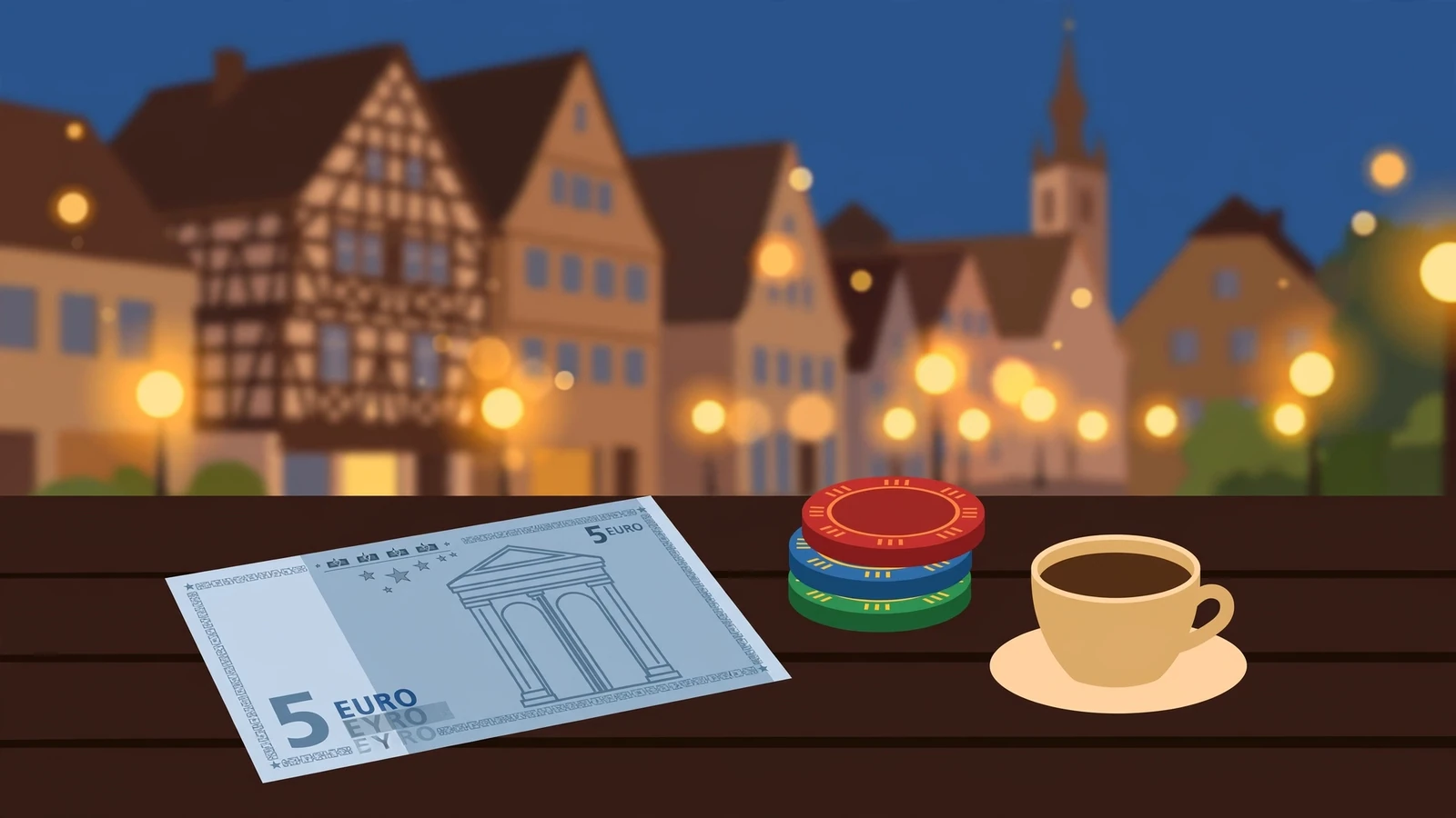 Fünf-Euro-Schein und Spielchips auf einem Holztisch vor warmer deutscher Altstadtkulisse in der Abenddämmerung.