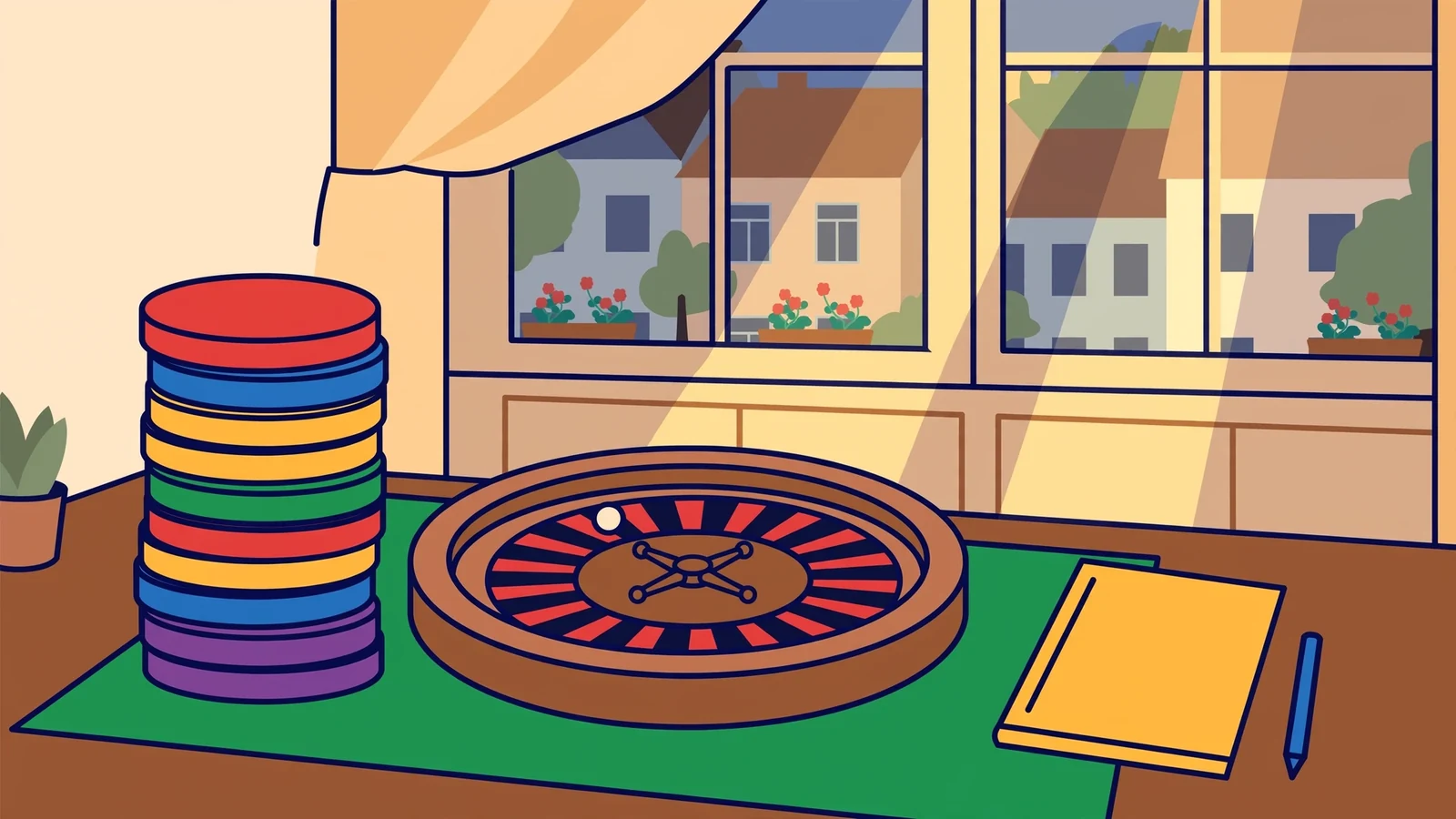 Stapel Casino-Chips neben Roulette-Rad auf grünem Filz in modernem deutschen Apartment
