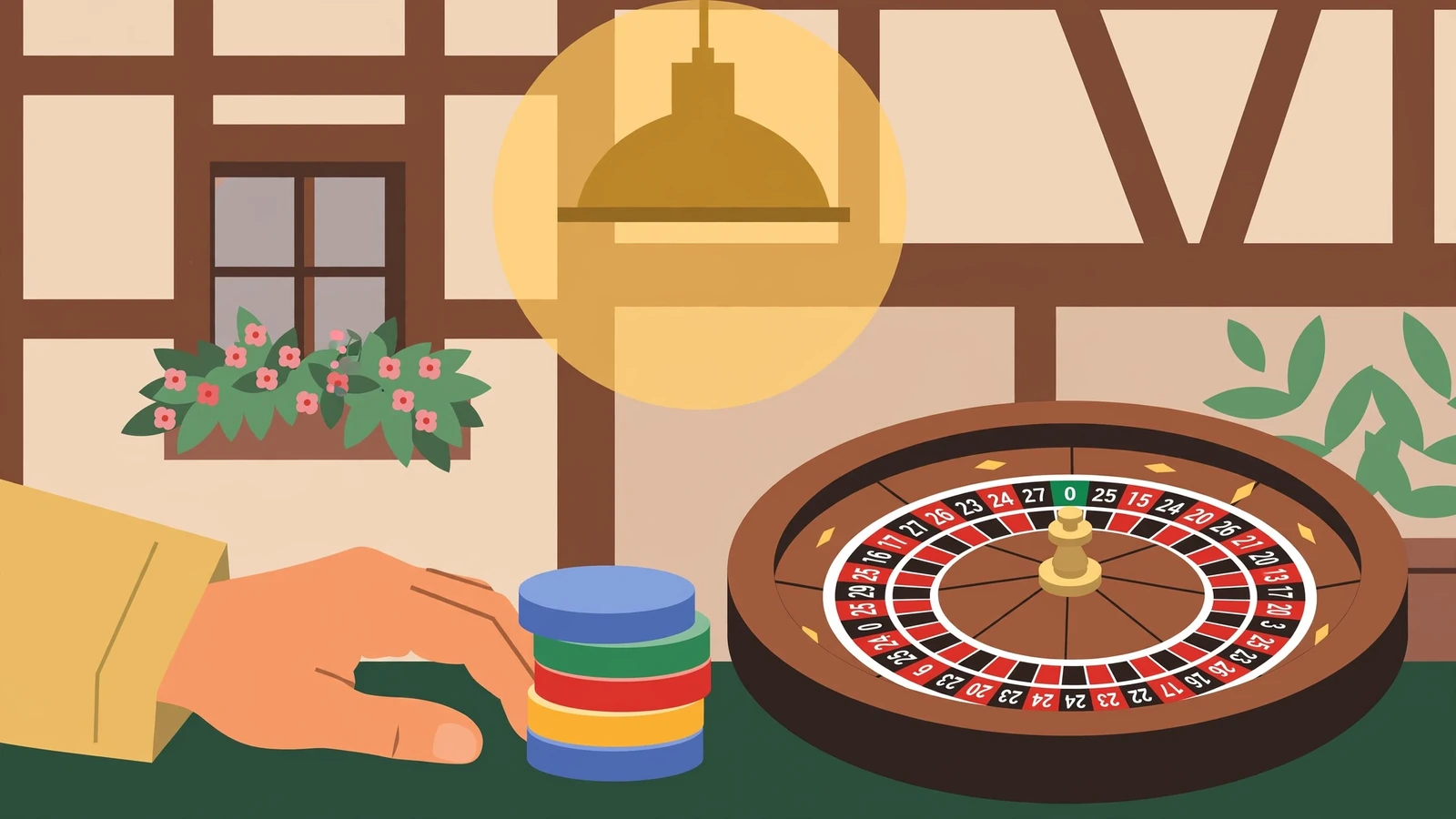 Roulette-Tisch mit Chip-Stapel und warmer Beleuchtung