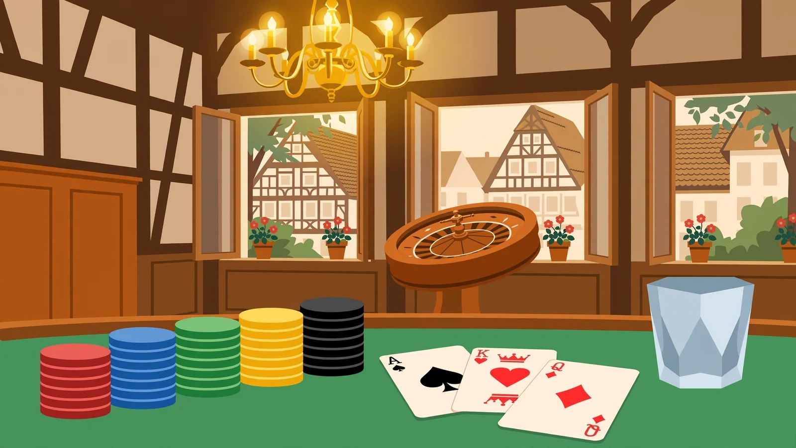 Elegante europäische Casino-Szene mit Spielchips, Karten und Roulette-Rad im warmen Kerzenlicht.