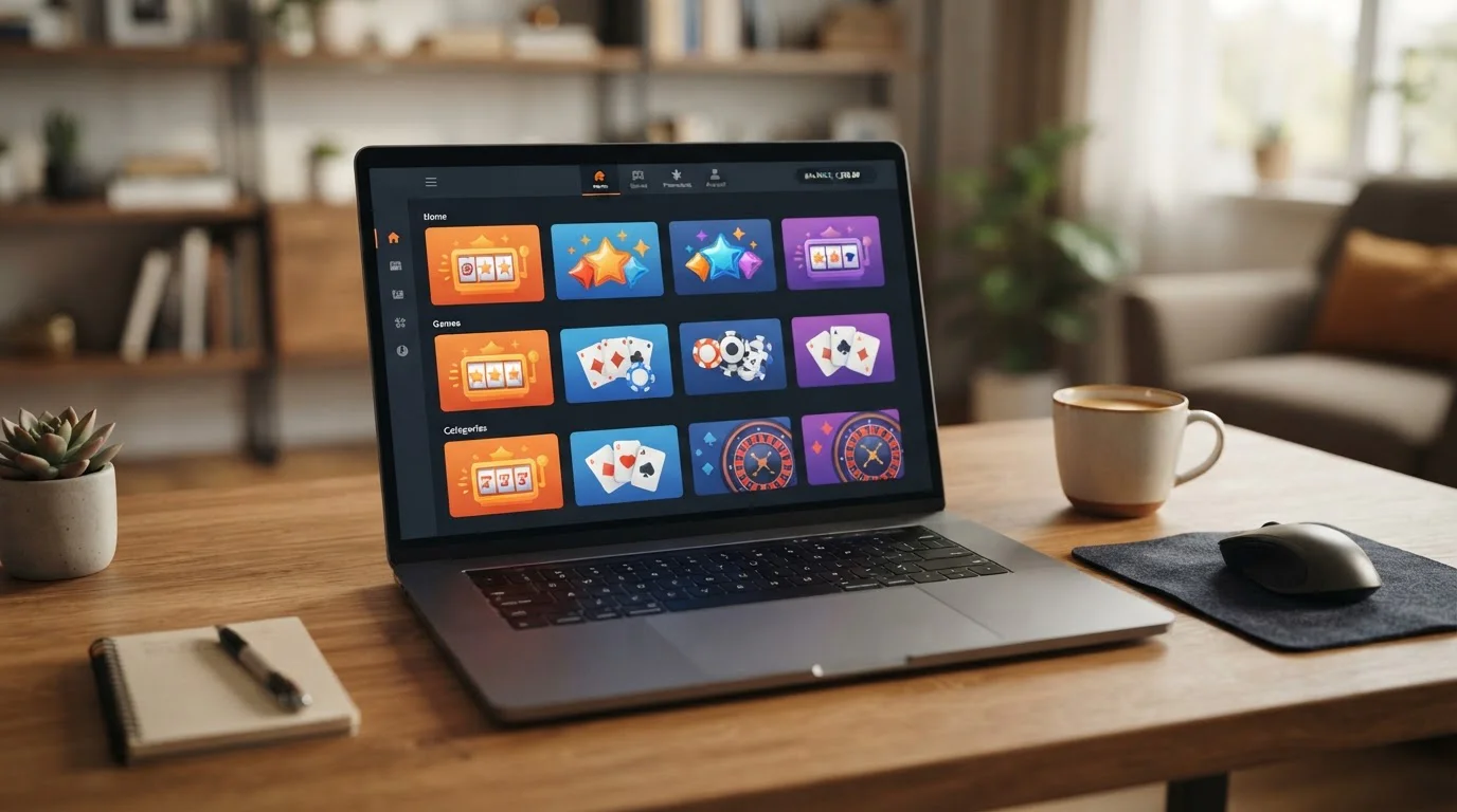 Stilisierte Casino-Plattform auf Laptop-Bildschirm ohne erkennbare Logos
