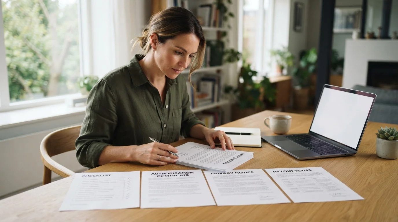 Neutrale Checkliste mit Lizenznummer, Auszahlungsbedingungen und Schutzwerkzeugen