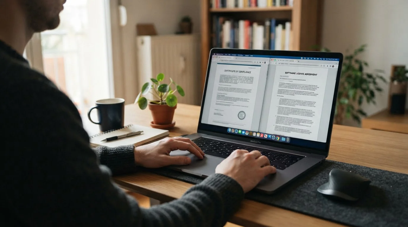 Person sitzt am Laptop und vergleicht zwei Webseiten mit unterschiedlichen Lizenzdokumenten auf dem Bildschirm