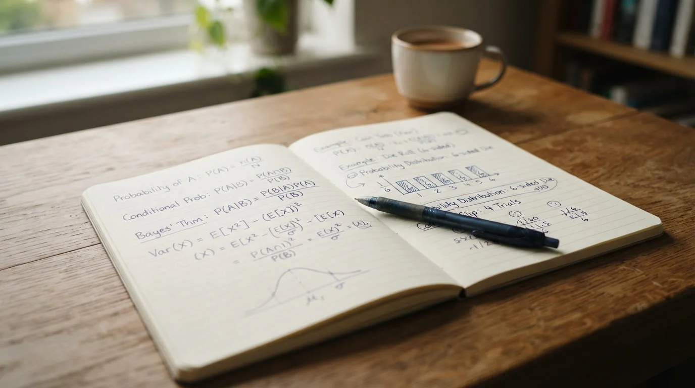 Notizbuch mit handgeschriebenen Berechnungen zu Wahrscheinlichkeiten und ein Stift auf einem Holztisch