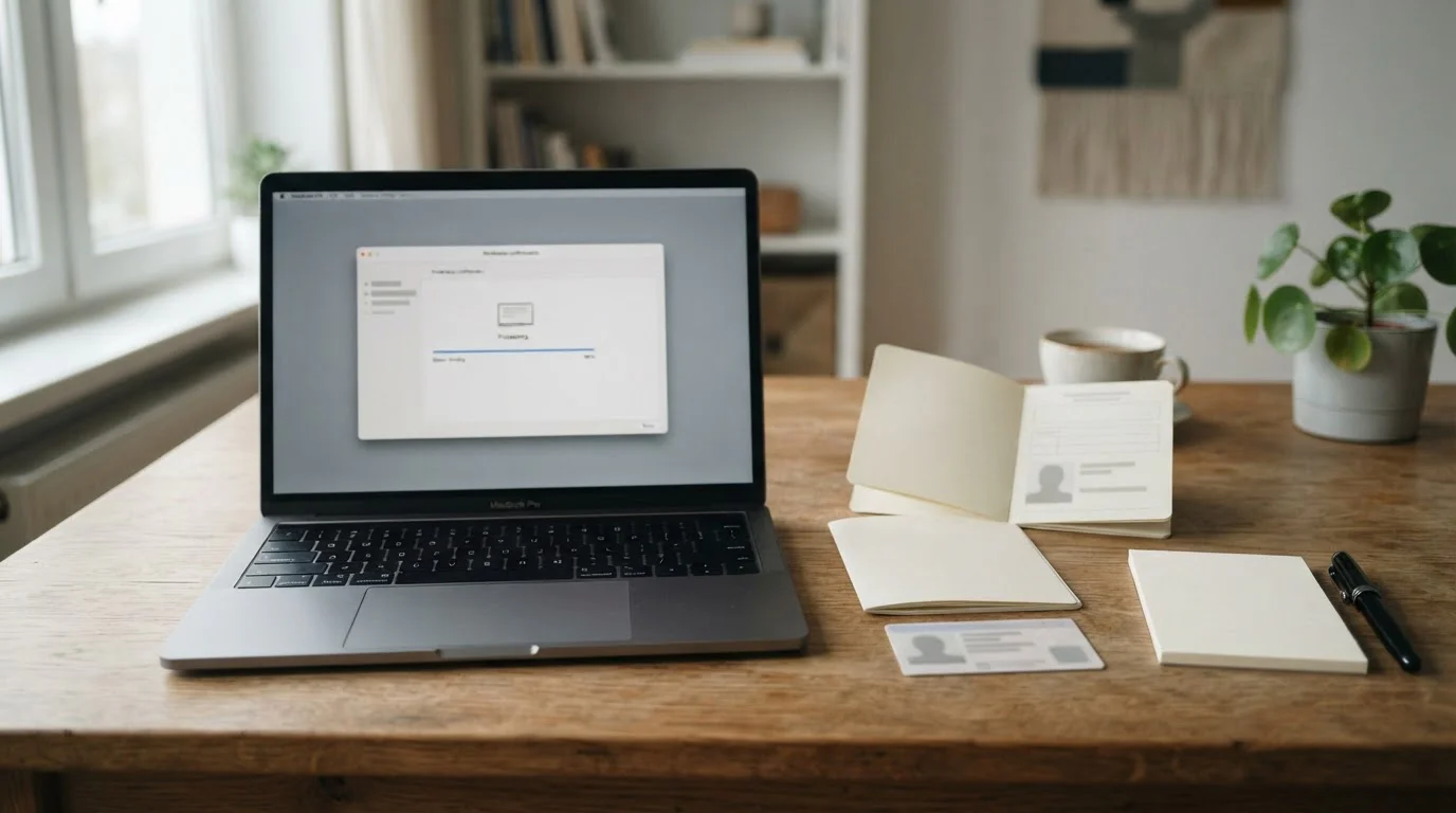Auszahlungsantrag auf neutralem Laptop neben geordneten Nachweisen