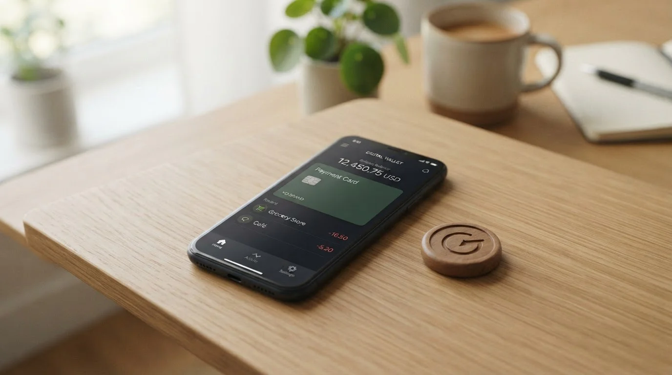 Krypto-Wallet auf Smartphone neben einer Holzmünze – Auszahlung in Bitcoin und Ethereum