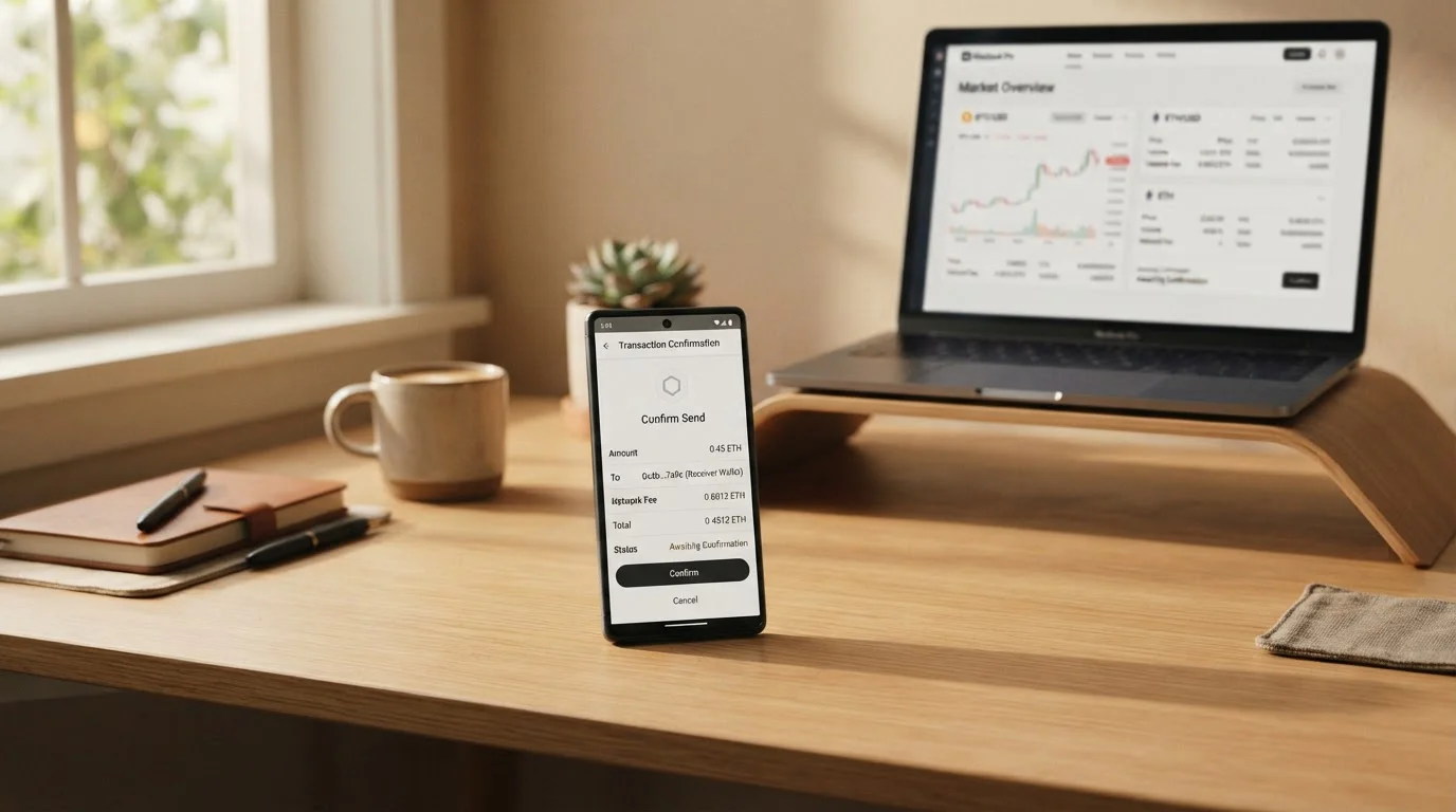 Smartphone mit Krypto-Wallet und Auszahlungsbestätigung auf Schreibtisch