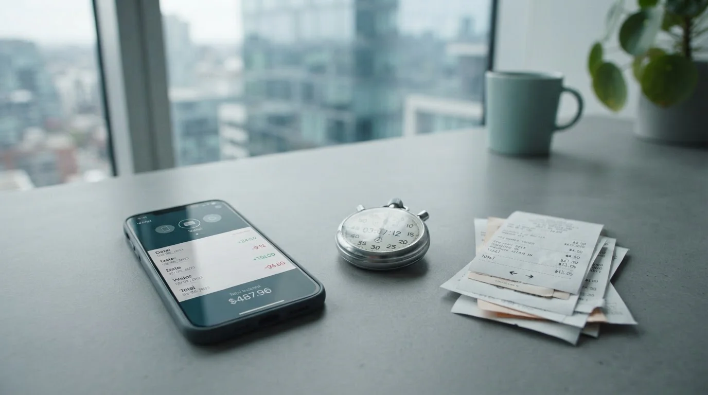 Smartphone mit Wallet-App und eine Stoppuhr auf dem Schreibtisch, daneben ein Stapel Transaktions-Belege