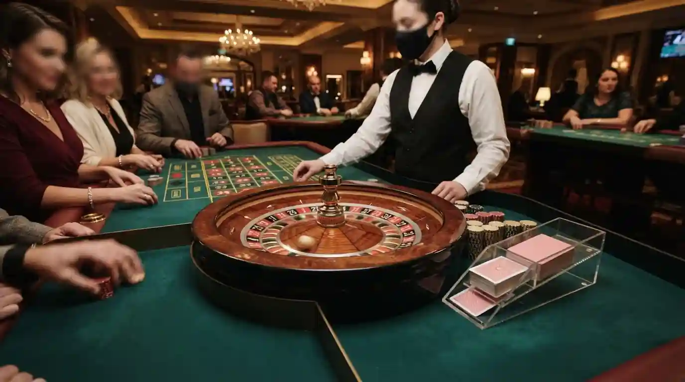 Aufnahme eines Live-Casino-Tisches mit Rouletterad und Kartenstapeln, neutrales Licht, keine Logos sichtbar