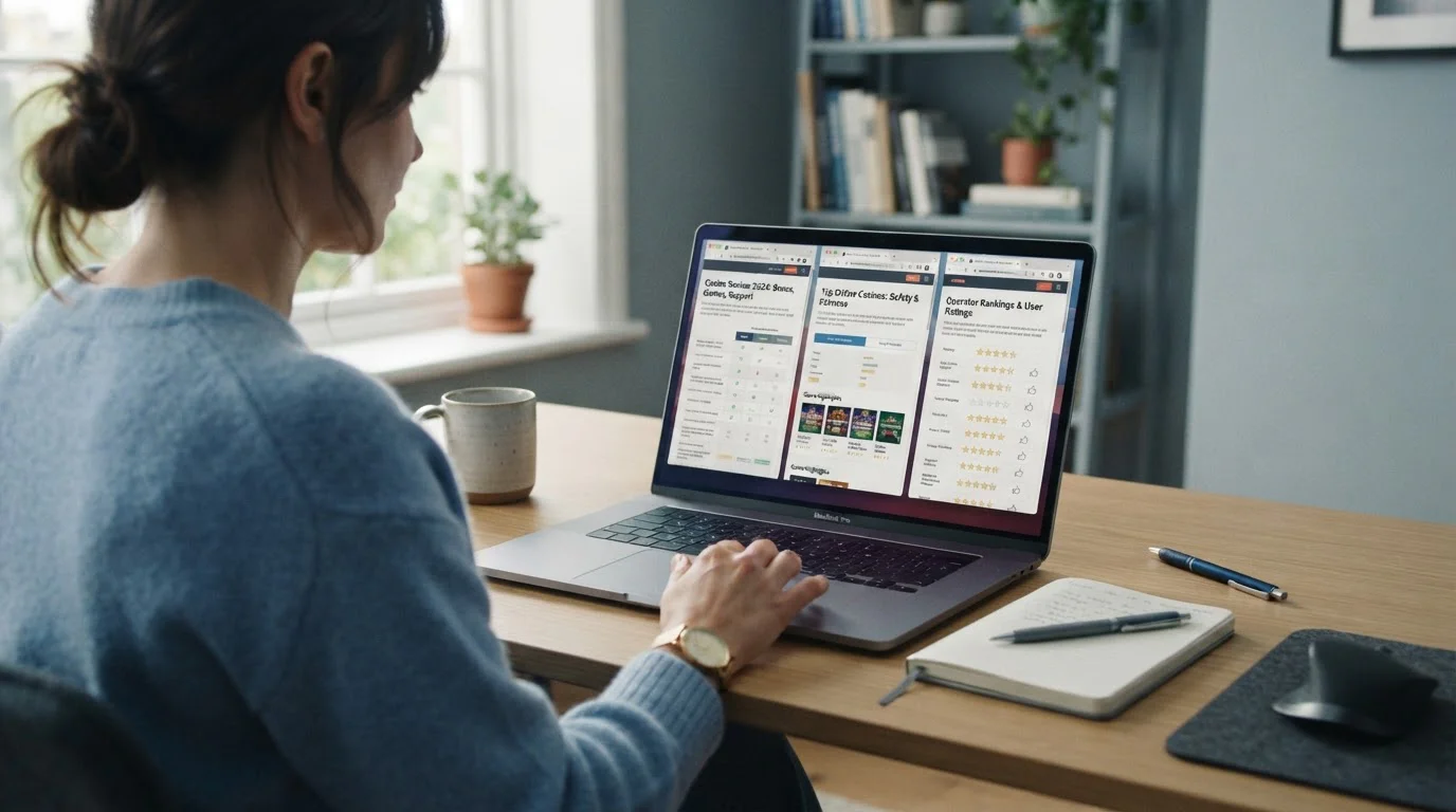 Reihe von Casino-Webseiten auf einem Laptopbildschirm mit Lizenznummern und Logos ohne erkennbare Marken