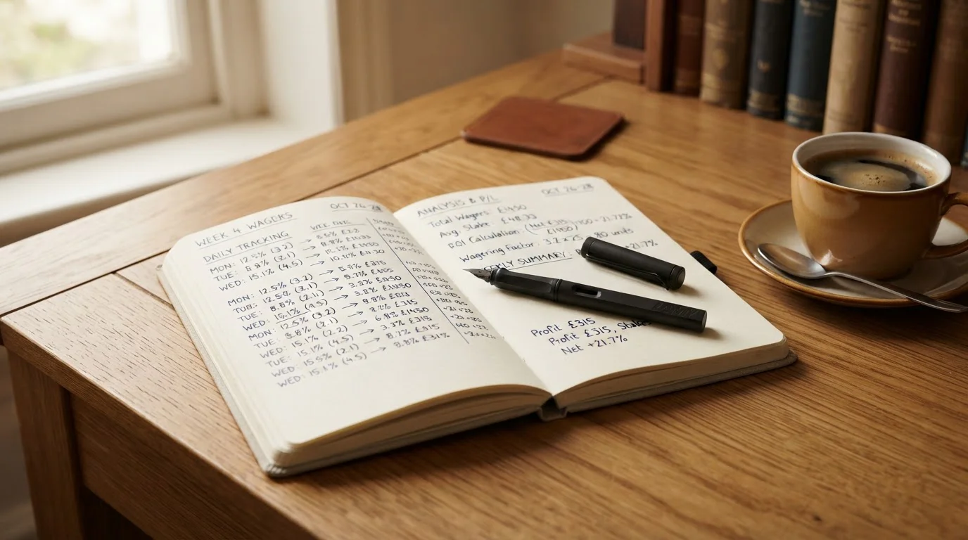 Notizbuch mit handschriftlichen Berechnungen zu Umsatzfaktoren und ein Stift