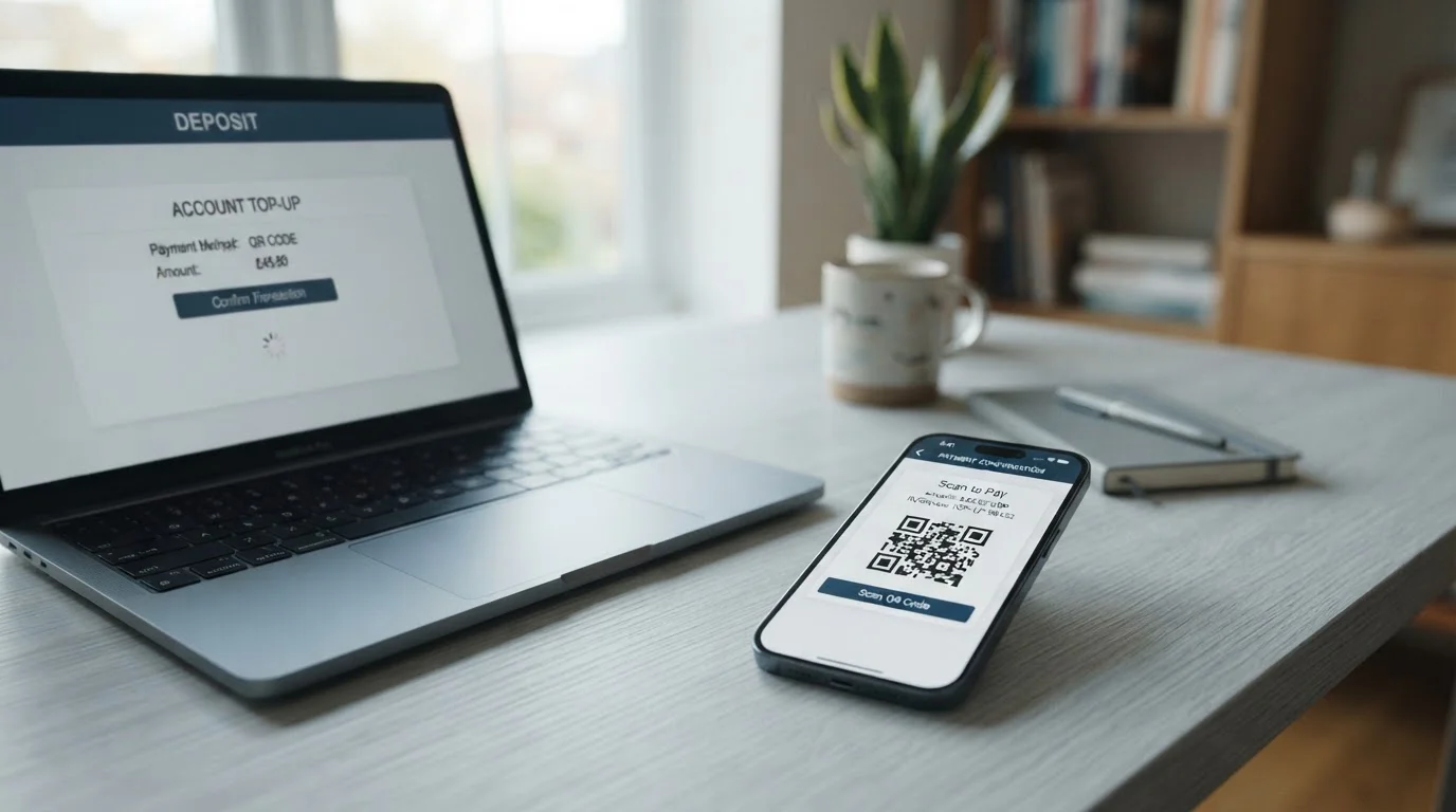 Mobiltelefon mit QR-Code für eine Adresse der Geldbörse und daneben ein Laptop mit Casino-Oberfläche
