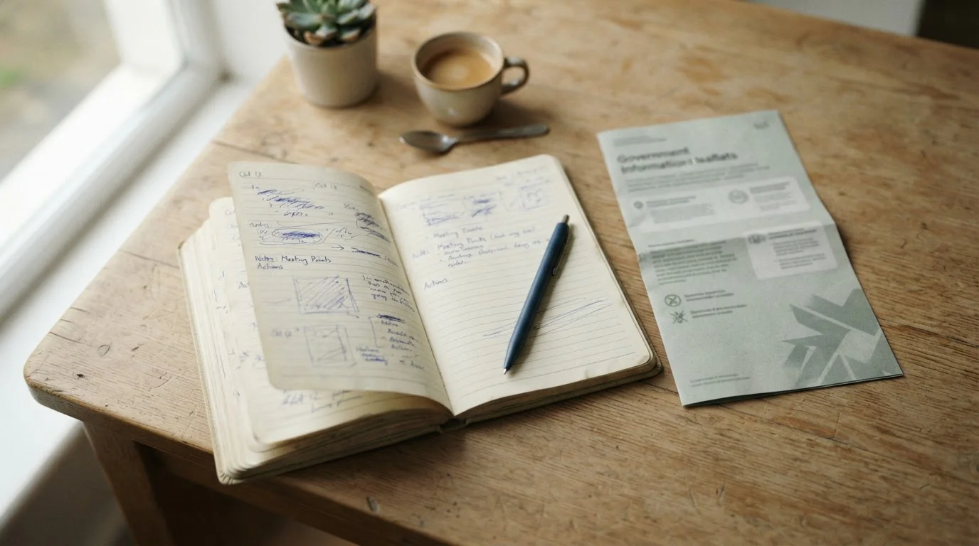 Notizbuch mit Stift und einem aktuellen Steuerdokument zum Thema Krypto-Gewinne