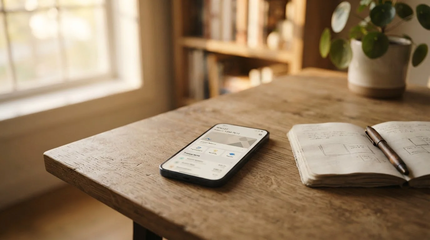 Smartphone mit Wallet-Anwendung und Notizbuch auf einem Schreibtisch