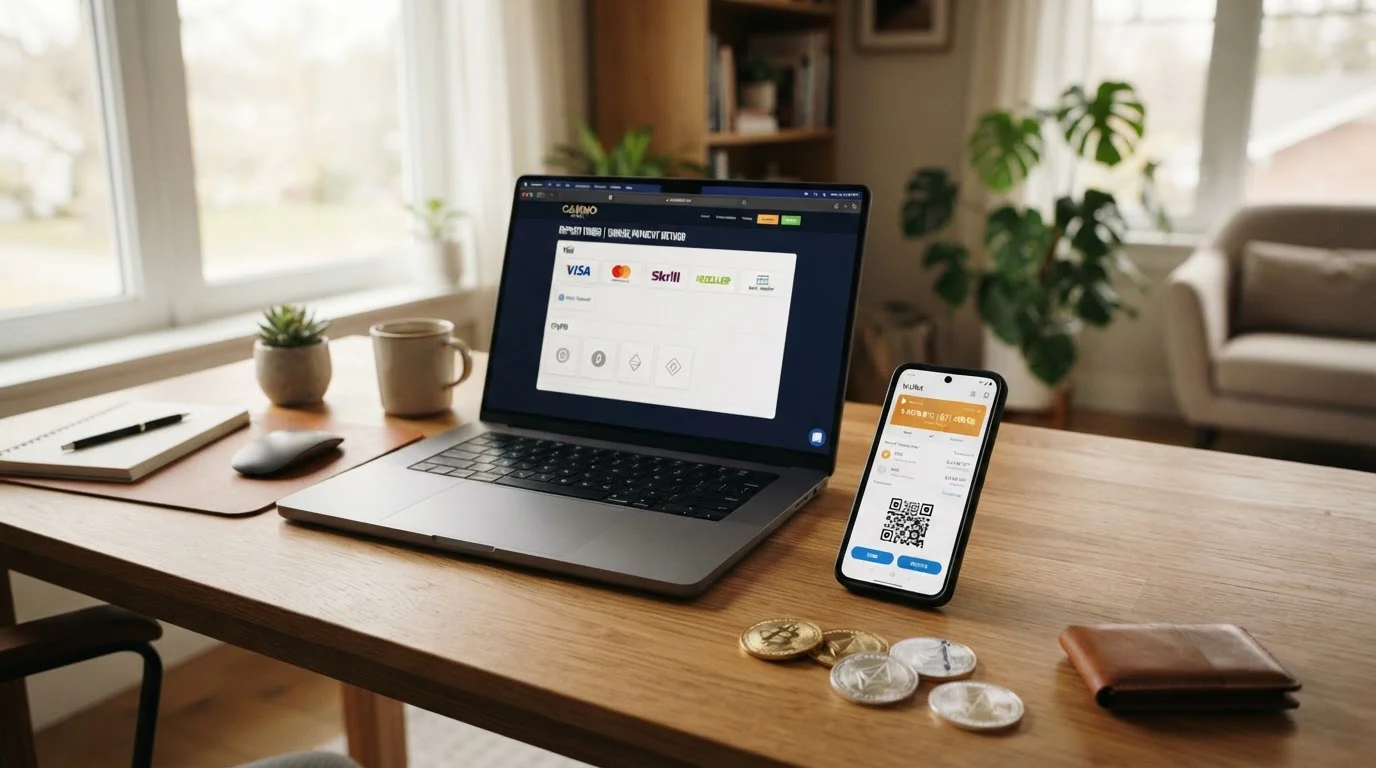 Bitcoin-Geldbörse auf Smartphone neben Laptop mit Casino-Zahlungsoptionen