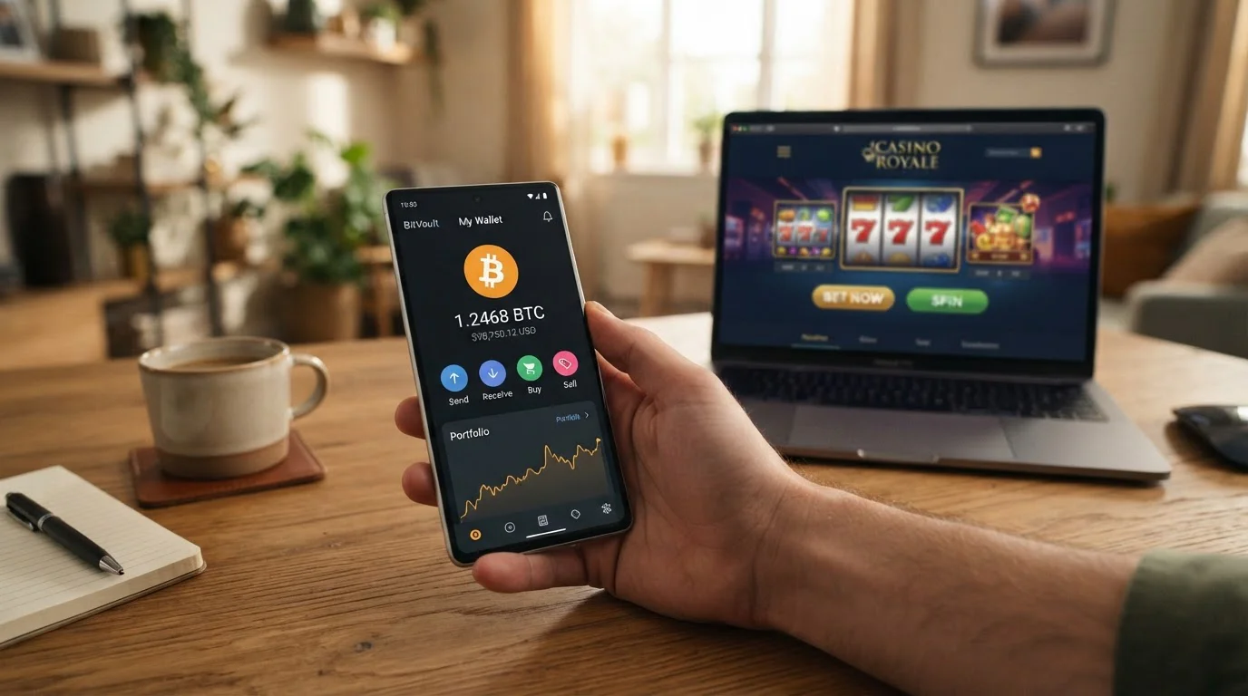 Nahaufnahme von Bitcoin-Wallet auf Smartphone neben Laptop mit Casino-Seite