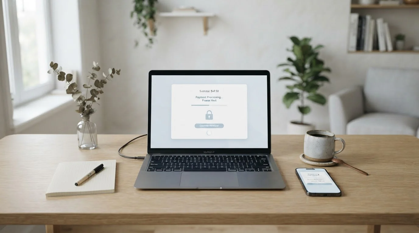 Minimalistischer Schreibtisch mit Smartphone, Laptop, Kaffeetasse und Tageslicht