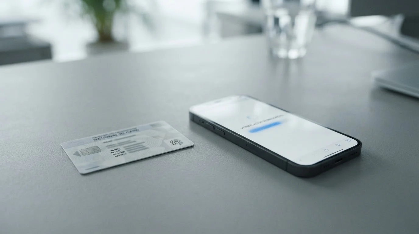 Neutraler Ausweis auf einem Schreibtisch, daneben ein Smartphone mit Konto-App